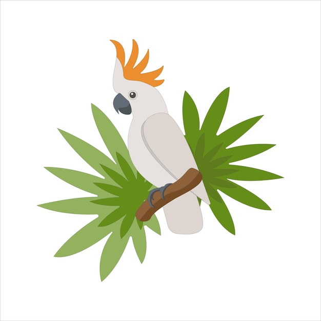 Cartoon bright cockatoo perrot with tropical leaves