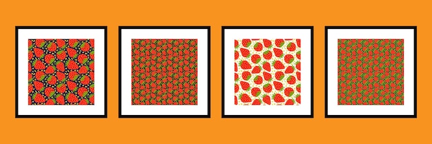 Cartoon bright strawberries seamless pattern set isolated Vector background of fresh farm organic berry used for magazine bookcard menu cover web pages