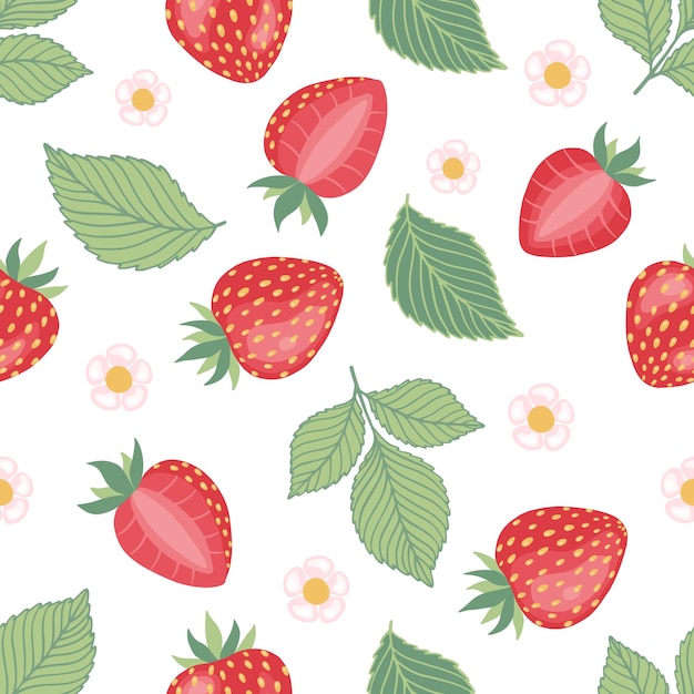 Cartoon bright strawberries seamless pattern Vector background of fresh farm organic berry used for magazine bookcard menu cover web pages