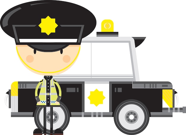 パトカーの前に立っている視認性の高いジャケットを着た漫画のイギリスの警察官