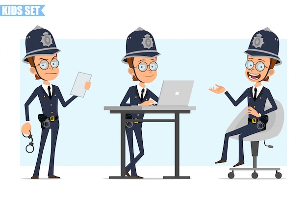 Cartoon british policeman boy character set