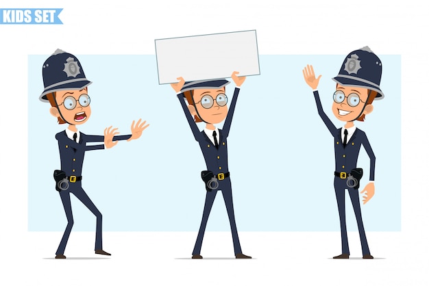 Cartoon british policeman boy character set