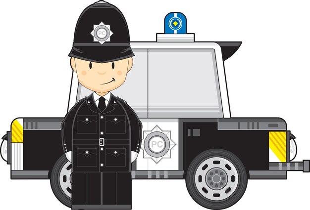 Cartoon British Policeman and Police Car Emergency Services Illustration