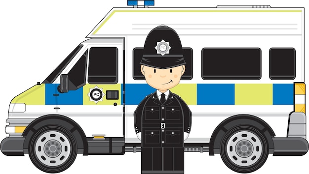 Cartoon British Policeman and Police Van Emergency Services Illustration