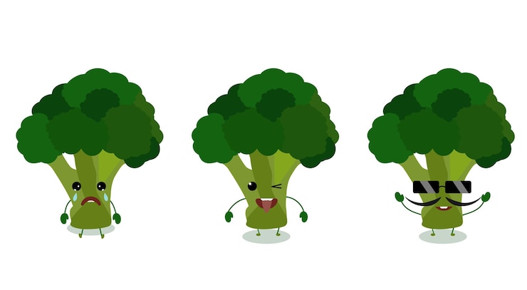 Vector a cartoon of a broccoli character with a funny face.