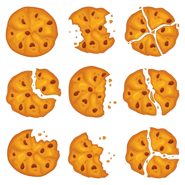 Cartoon broken cookies crunchy classic biscuits with chocolate chips crumbly sweet tasty snacks shortbreads bakery pieces homemade delicious cracker recent vector isolated set