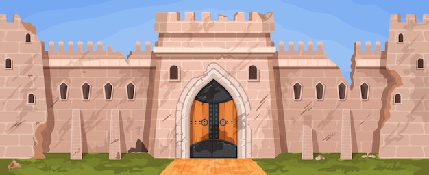 Cartoon broken medieval castle or city wall ruins after war. Abandoned stone block fortress with towers. Ruined kingdom walls vector scene. Historic palace exterior with defensive door gate