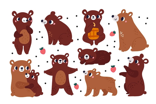 Cartoon brown bear Funny forest animals Predatory mammals with honey and berries Characters in different poses and actions Cute mother and child Woodland fauna Vector grizzlies set