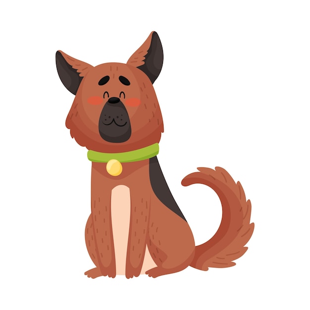 Cartoon brown German shepherd with a green collar Vector illustration on a white background
