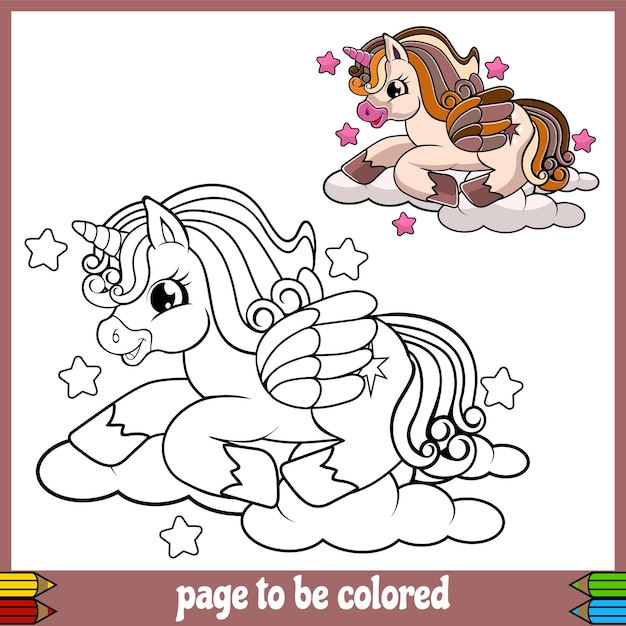 Cartoon brown unicorn resting in the cloud