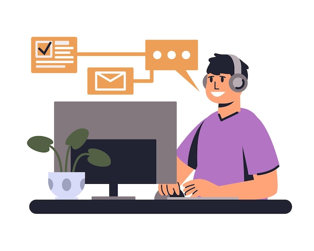 Cartoon brunet man working as hotline operator adviser Customer support department staff Online technical support Professional telemarketing agent Vector