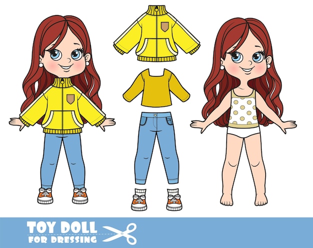 Cartoon brunette girl with lush curly hairstyle dressed and clothes separately sports jacket long sleeve tshirt jeans and sneakers doll for dressing