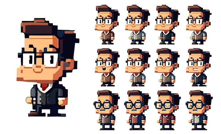 Vector cartoon brunette spectacled man character set