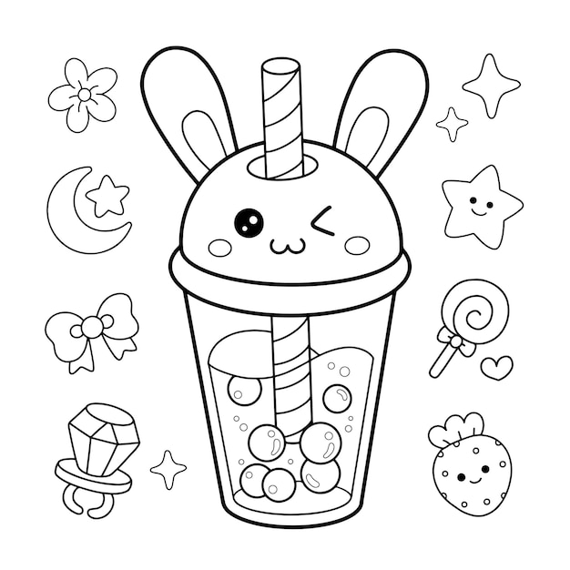 Vector cartoon bubble milk tea cute character hand drawn coloring page illustration