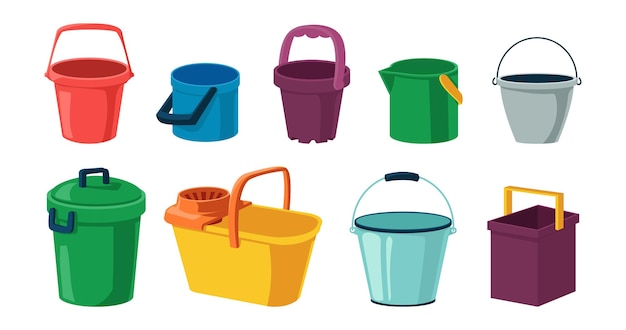 Cartoon bucket Plastic and metal container with lid and handle for water Different open or closed tanks collection Garbage cans Household cleaning or garden tools Vector isolated bright pails set