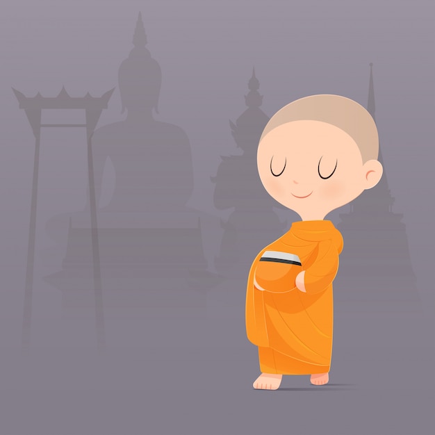 Cartoon buddhist monk of southeast asia. receive food offerings.  illustration.