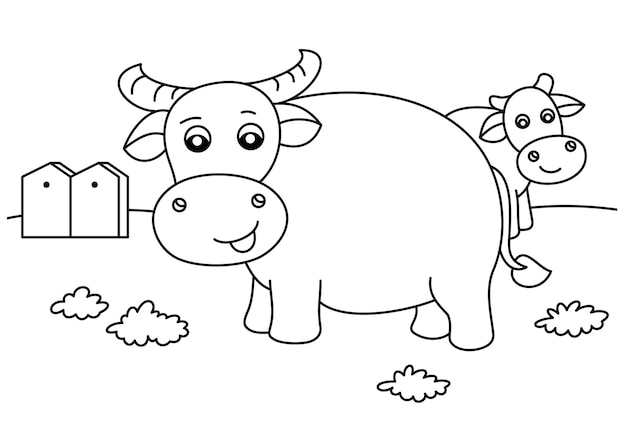 Cartoon buffalo cute coloring page or book for kids