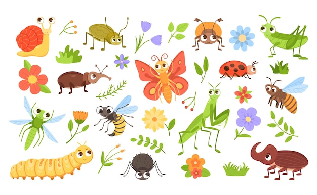 Cartoon bugs and plants cute insect characters with happy faces and colorful flowers caterpillar and snail mascots buzzing bee beetle or hornet blossoms with leaves vector isolated animals set