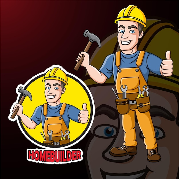 Cartoon builder man holding a hammer