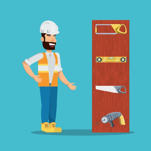 Vector cartoon builder with board with construction tools