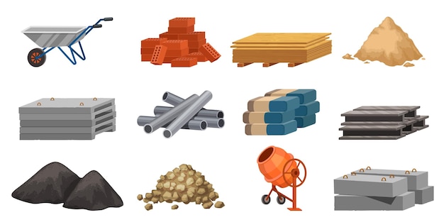 Vector cartoon building materials slabs bricks metal pipes and piles construction site blocks cement heap gravel sand and tools vector set of material block concrete for construction building