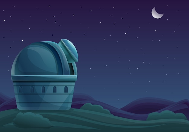 Costruzione del fumetto dell'osservatorio di notte con un telescopio nel cielo con le stelle, illustrazione di vettore