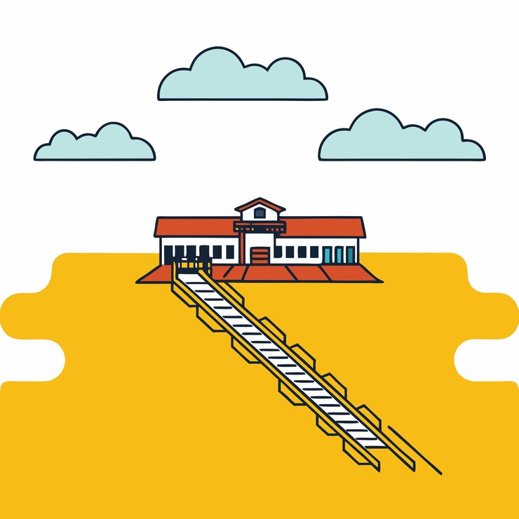 Vector a cartoon of a building with a ladder on the top of it