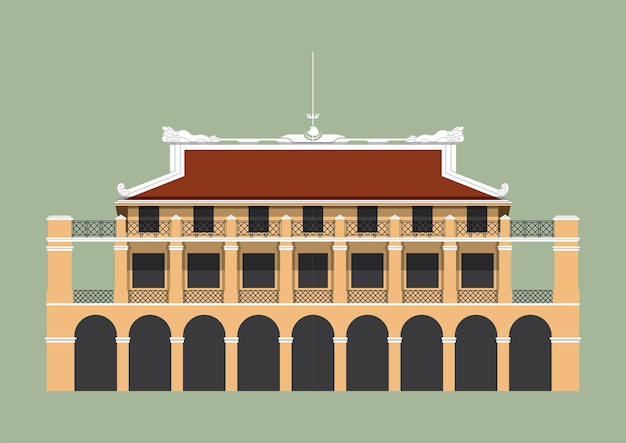 A cartoon of a building with a red roof and a balcony in front.