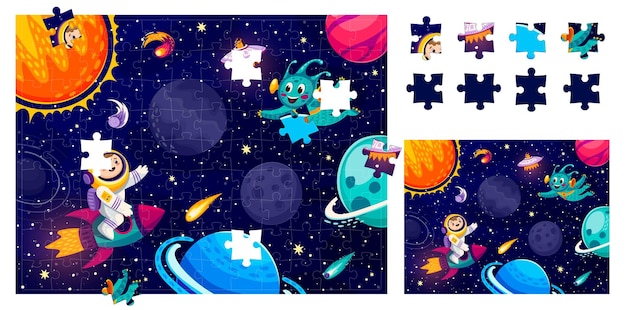 Cartoon buitenaardse astronaut en ruimtelandschap op puzzelspelstukken vector kinderen werkblad Match en pas geschikte stukjes afbeelding met jongen ruimtevaarder op raket en UFO in Galaxy puzzel