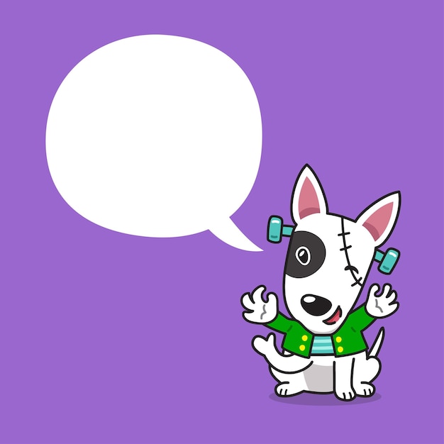 Vector cartoon bull terrier dog with halloween costume and speech bubble