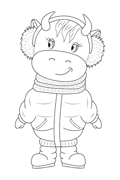 Cartoon bull vector coloring cute baby cow is wearing coat boots