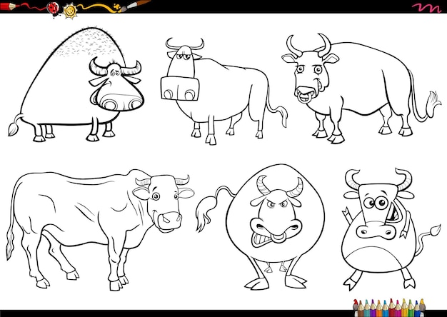 Cartoon bulls farm animal characters set coloring page