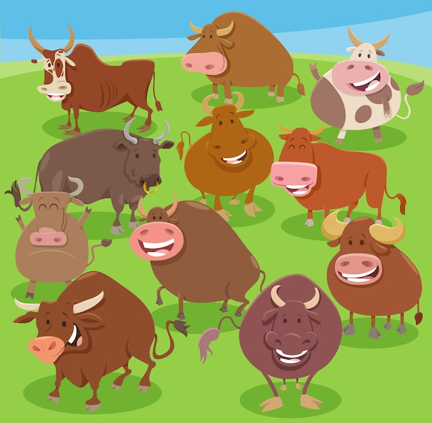 Cartoon bulls farm animals comic characters group