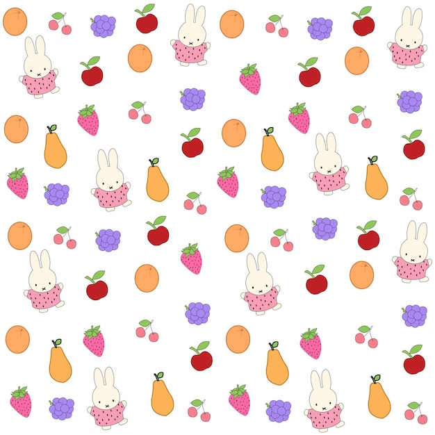 ベクトル 漫画のウサギと果実のシームレスパターン