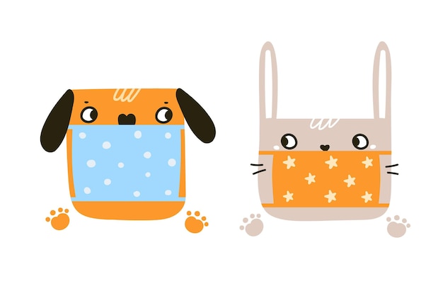 Cartoon bunny and dog in medical masks flat vector illustration