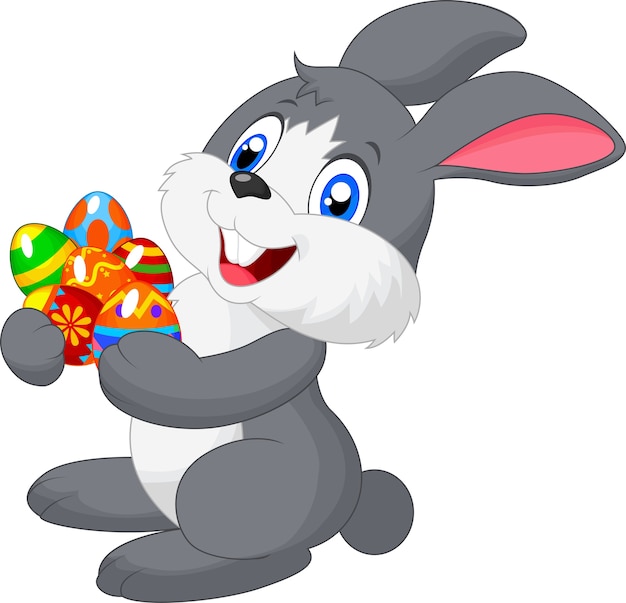 Cartoon bunny holding decorated egg