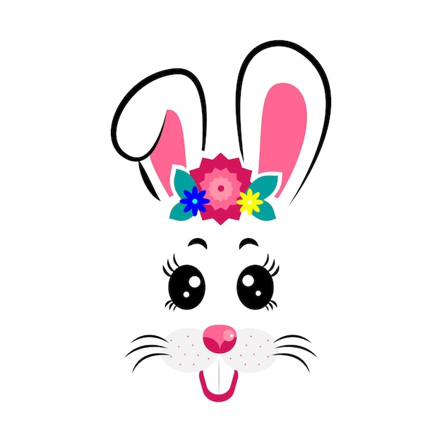 Cartoon bunny masks with pink ears and flowers on white isolated background