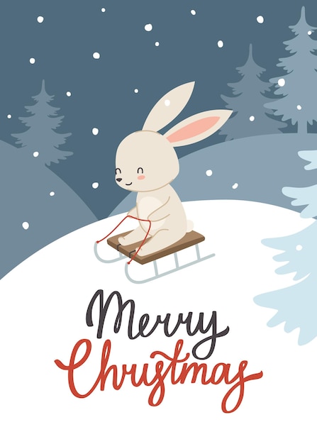 Vector cartoon bunny sledding down a snowy hill.