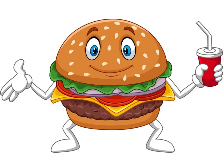 Vector cartoon burger holding a cup of soda