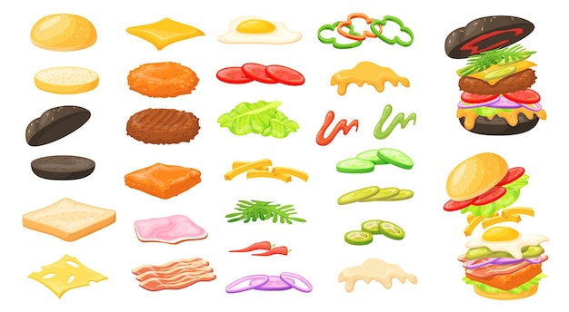 Cartoon burger ingrediënten Amerikaanse hamburger sandwich ingrediënt met bun delen constructeur spek vlees uien omelet plak eten kaas brood toppings nette vector illustratie