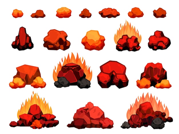 Cartoon burning bonfire with hot charcoal pieces for barbecue. wood coal pile with flame for grill or bbq. red heat coal for oven vector set. heaps and pieces in fire isolated on white