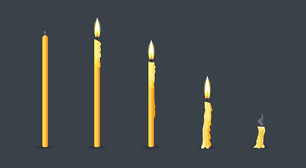 Vector cartoon burning church wax candles on the different stages of burning