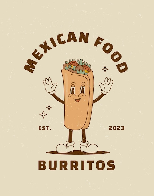 Cartoon burritos character in retro 70s style Mexican food Vintage taco kebab mascot poster