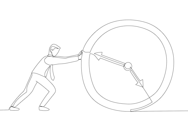 Cartoon of business man push clock businessman deadline concept continuous line art style