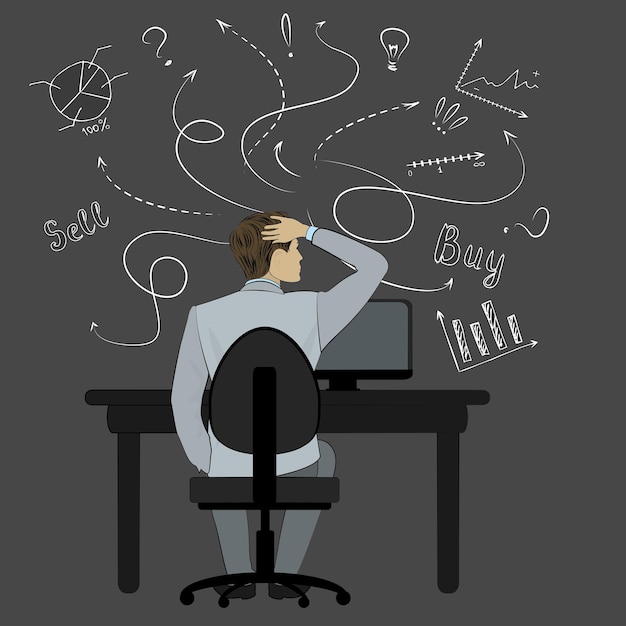 Cartoon business man sitting in chair back view and looking at sketches of graphs and symbols vector