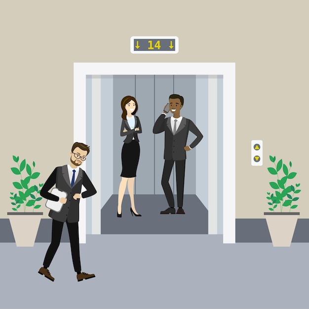 Vector cartoon business people in elevator and near and lift with open doors