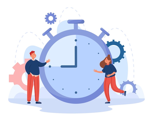 Vector cartoon business people with huge timer in background