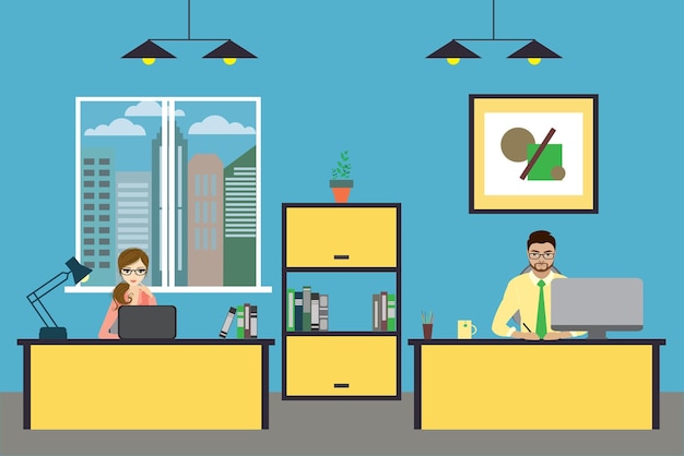 Vector cartoon business people working at home or modern office interior design with furniture flat vector