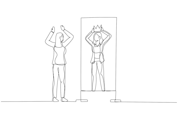 Cartoon of business woman looking into better self putting crown in head One line art style