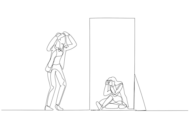 Cartoon of business woman panic look into mirror seeing depressed self Single line art style